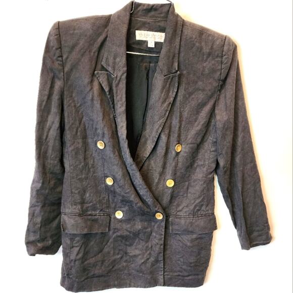 Vintage Black Double Breasted Linen Blazer Jacket Size 10 - Picture 1 of 11